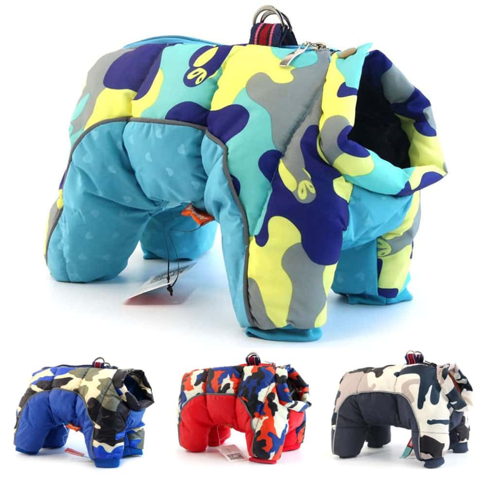 Teal, Blue, Red and Gray DogSki Suit™ - Waterproof Winter Jacket Harness for Small to Medium Dogs with leash attachment on a white background