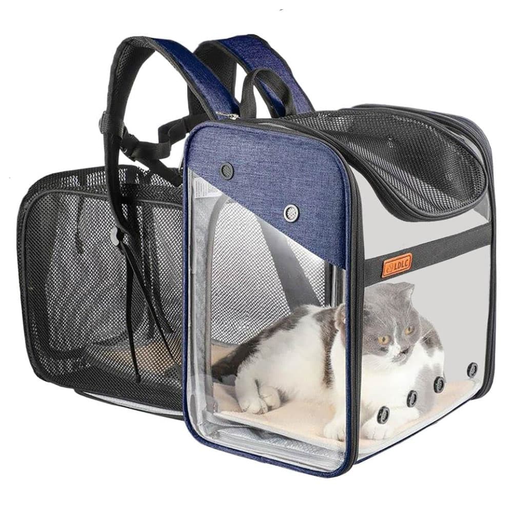 Grey and white cat sitting inside a blue LD Loft Pet Backpack Carrier Expandable Transparent Airline-Approved fully expanded with backpack handless showing on a white background.