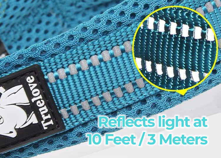 Close up of the reflective light for a blue Truelove Anti-Choke™ - Padded Dog Collar on a white background.