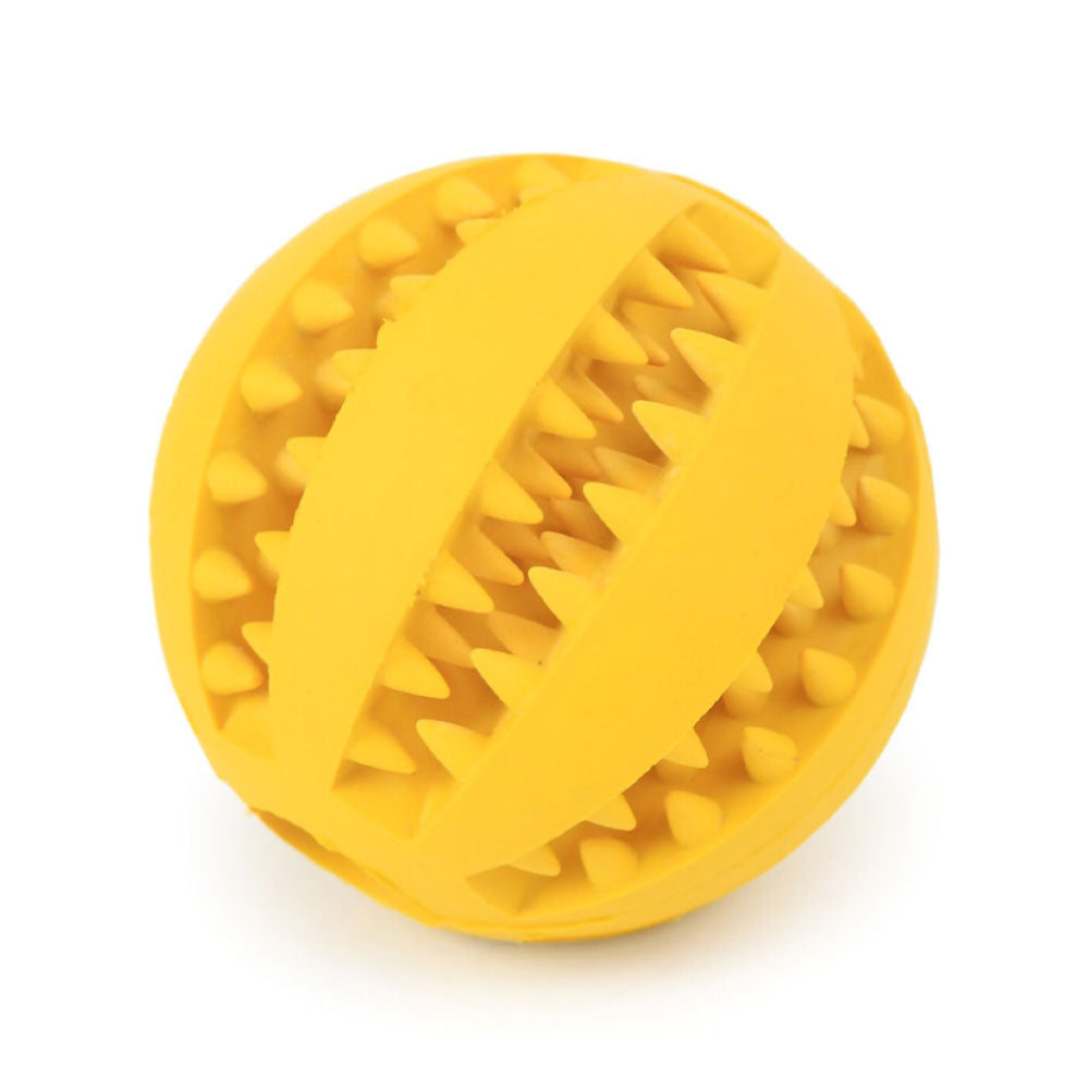 Yellow Rubberino - Dog Chew Toy rubber ball on white background.