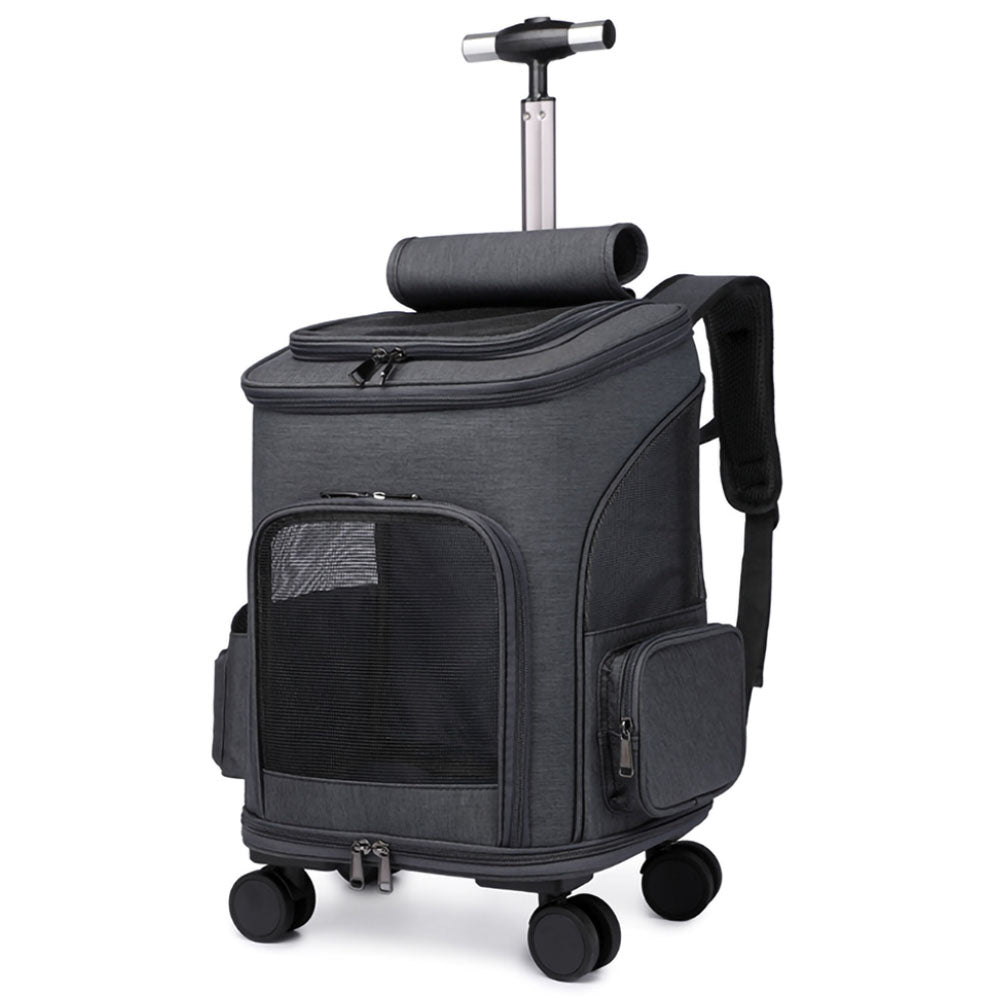 Dark gray Lithe Pet Carrier Backpack - Wheeled Airline-Approved with handle, wheels and side pockets on a white background 