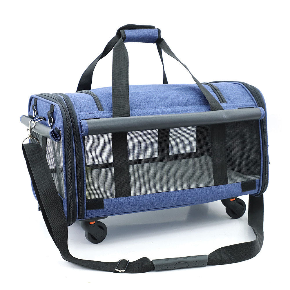 Airline-approved pet carrier roller blue variant on a white background with adjustable strap.