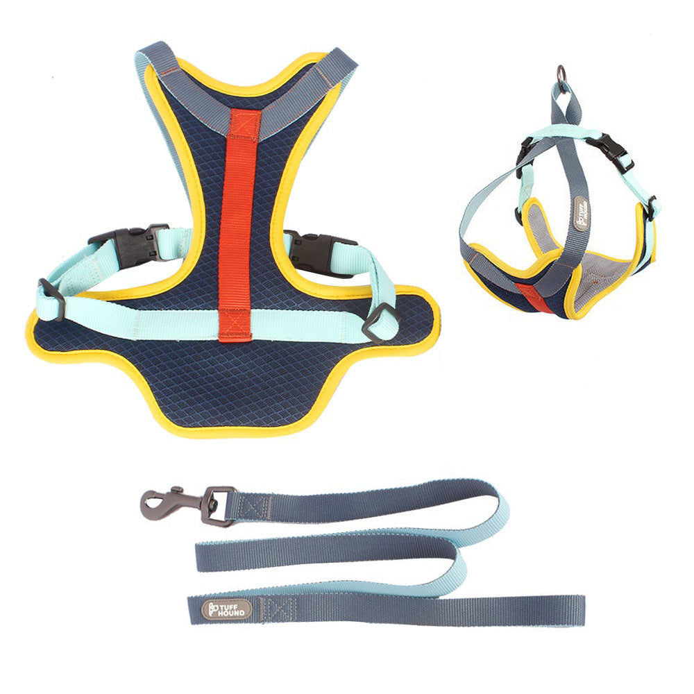 Blue TuffHound Tone™ - Dog Harness &amp; Leash Set top view and full 3D view on a white background. 