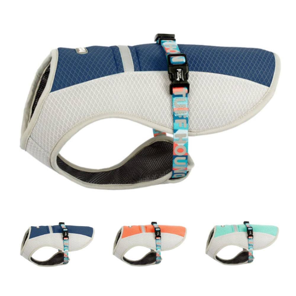 Blue, orange and mint green TuffHound™ - Dog Cooling Vest on a white background. 