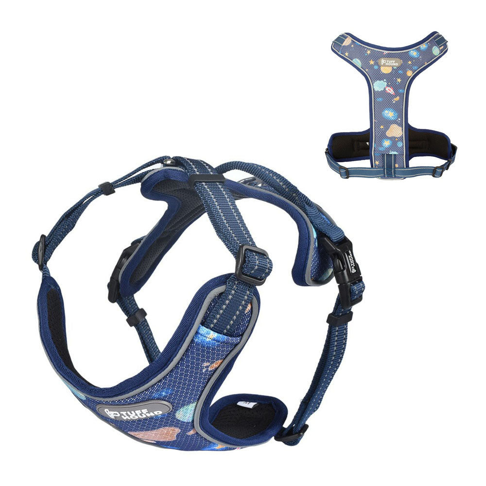 Blue TuffHound Prime™ - Dog Harness with 3d and bottom view on a white background. 