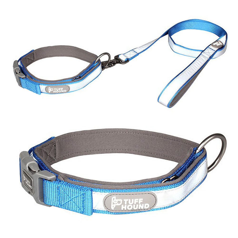 Blue TuffHound Core™ - Reflective Dog Collar & Leash Set on a white background. 