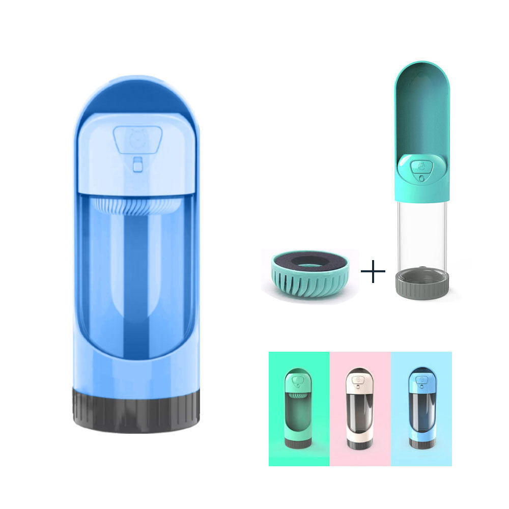 Blue portable, leak-proof pet water bottle with activated carbon (charcoal) filter on white background; Green portable, leak-proof pet water bottle with activated carbon (charcoal) filter separately placed on white background; Green, pink and blue portable, leak-proof pet water bottles with activated carbon (charcoal) filter on matching backgrounds
