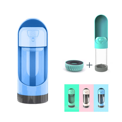 Blue portable, leak-proof pet water bottle with activated carbon (charcoal) filter on white background; Green portable, leak-proof pet water bottle with activated carbon (charcoal) filter separately placed on white background; Green, pink and blue portable, leak-proof pet water bottles with activated carbon (charcoal) filter on matching backgrounds