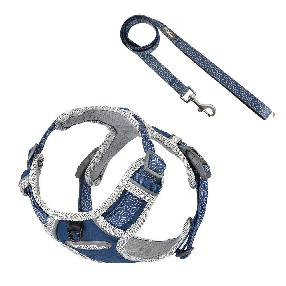 Blue TuffHound Vital™ - Dog Harness & Leash Set on a white background.