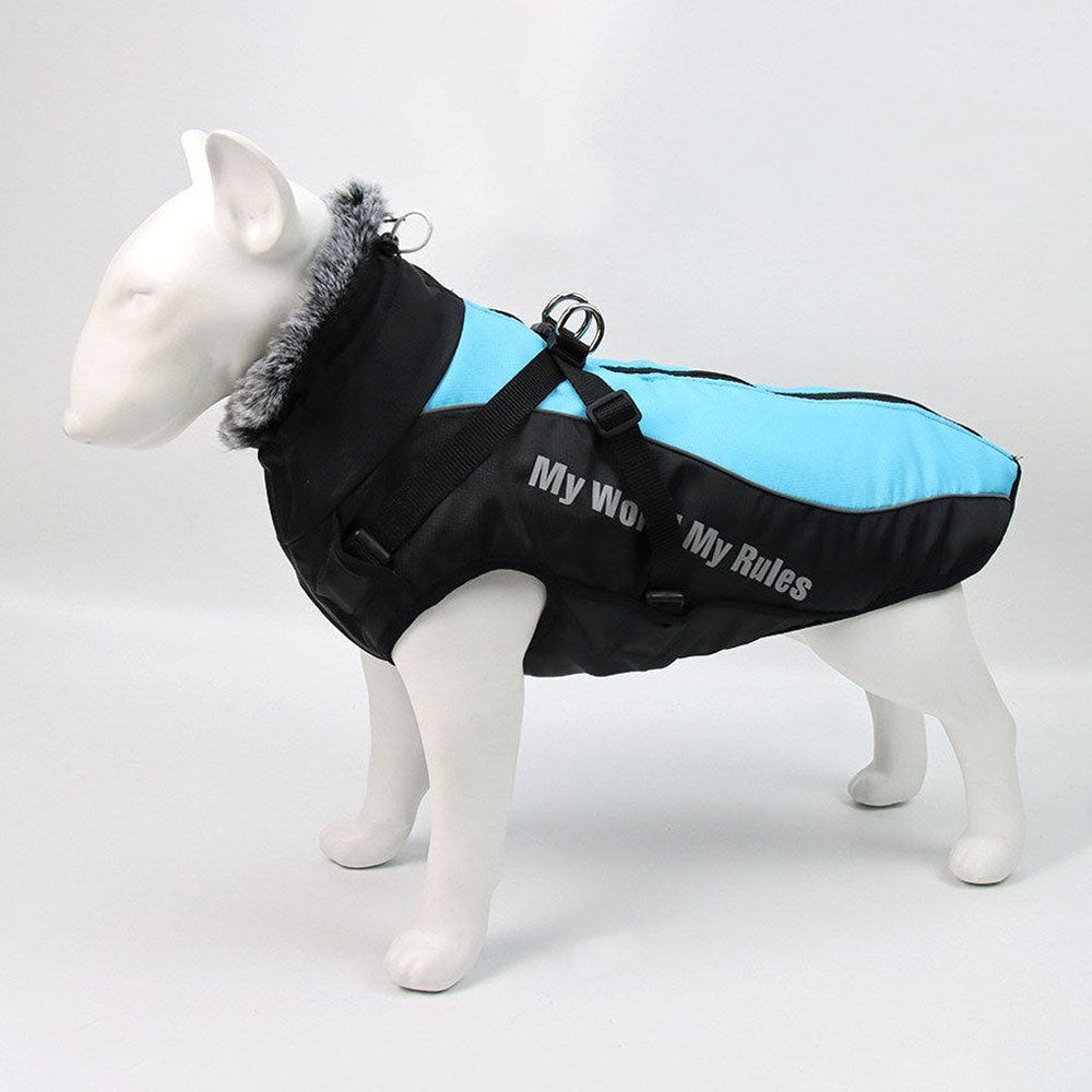 Blue DogSki Waterproof Jacket with Harness and fur collar in profile on a dog mannequin on white background.