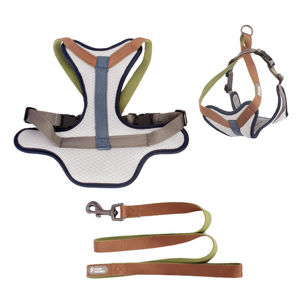 Grey TuffHound Tone™ - Dog Harness &amp; Leash Set top view and full 3D view on a white background. 