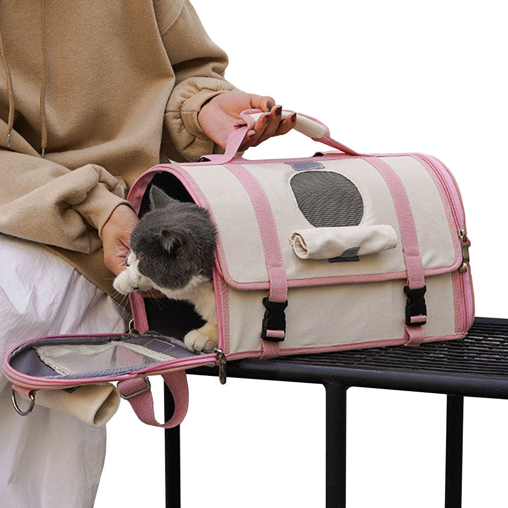 Gray white cat coming out of an unzipped pink Paw Satchel™ - Pet Handbag Carrier on a vivid background.