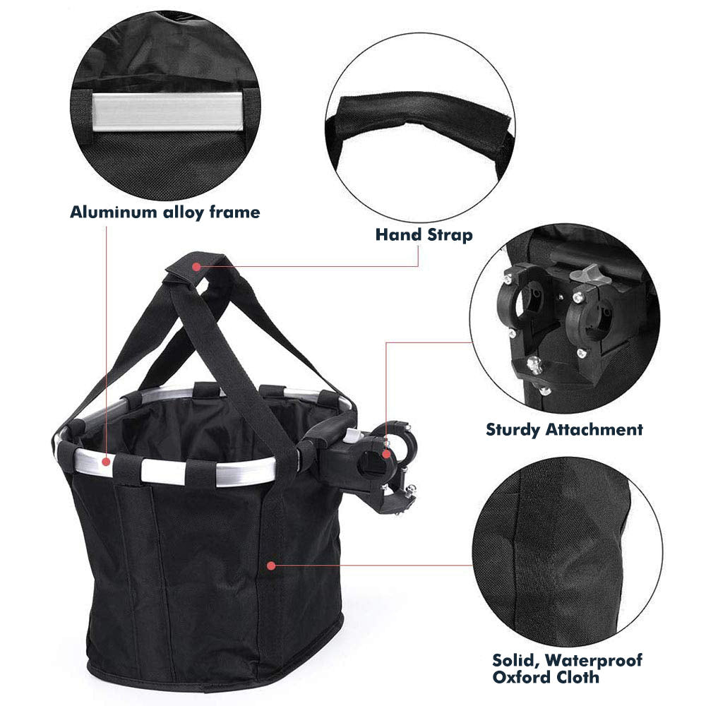 Black Pawsket™ - Pet Bike Basket Carrier with close ups of the aluminum allay frame, hand strap, sturdy back attachment and solid, waterproof oxford cloth interior on a white background.