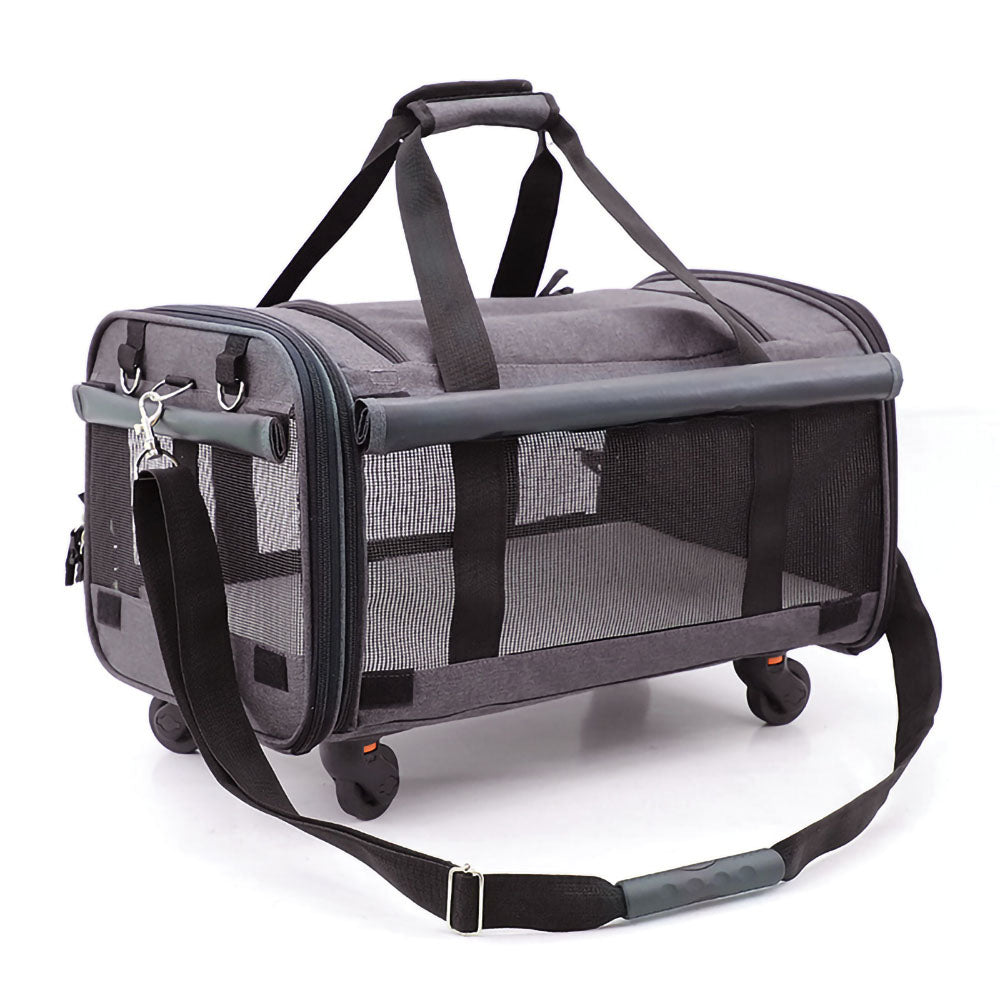 Airline-approved pet carrier roller grey variant on a white background with adjustable strap.
