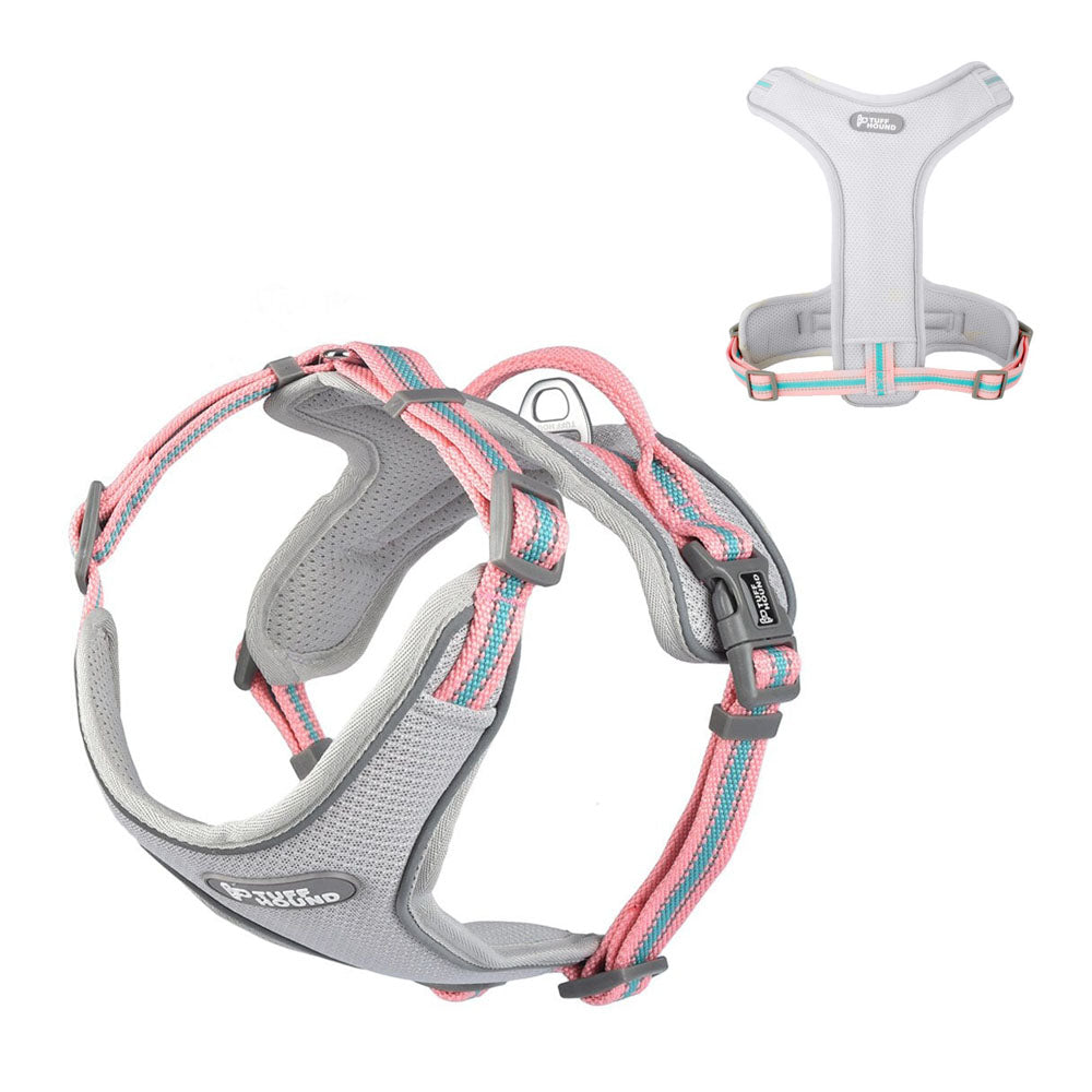 Gray TuffHound Prime™ - Dog Harness with 3d and bottom view on a white background. 