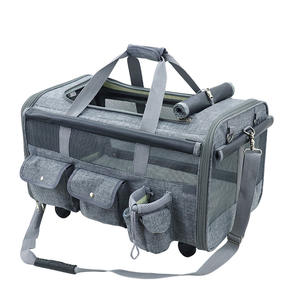 Airline-approved pet carrier roller cyan variant on a white background, with three side pockets, covers and adjustable strap