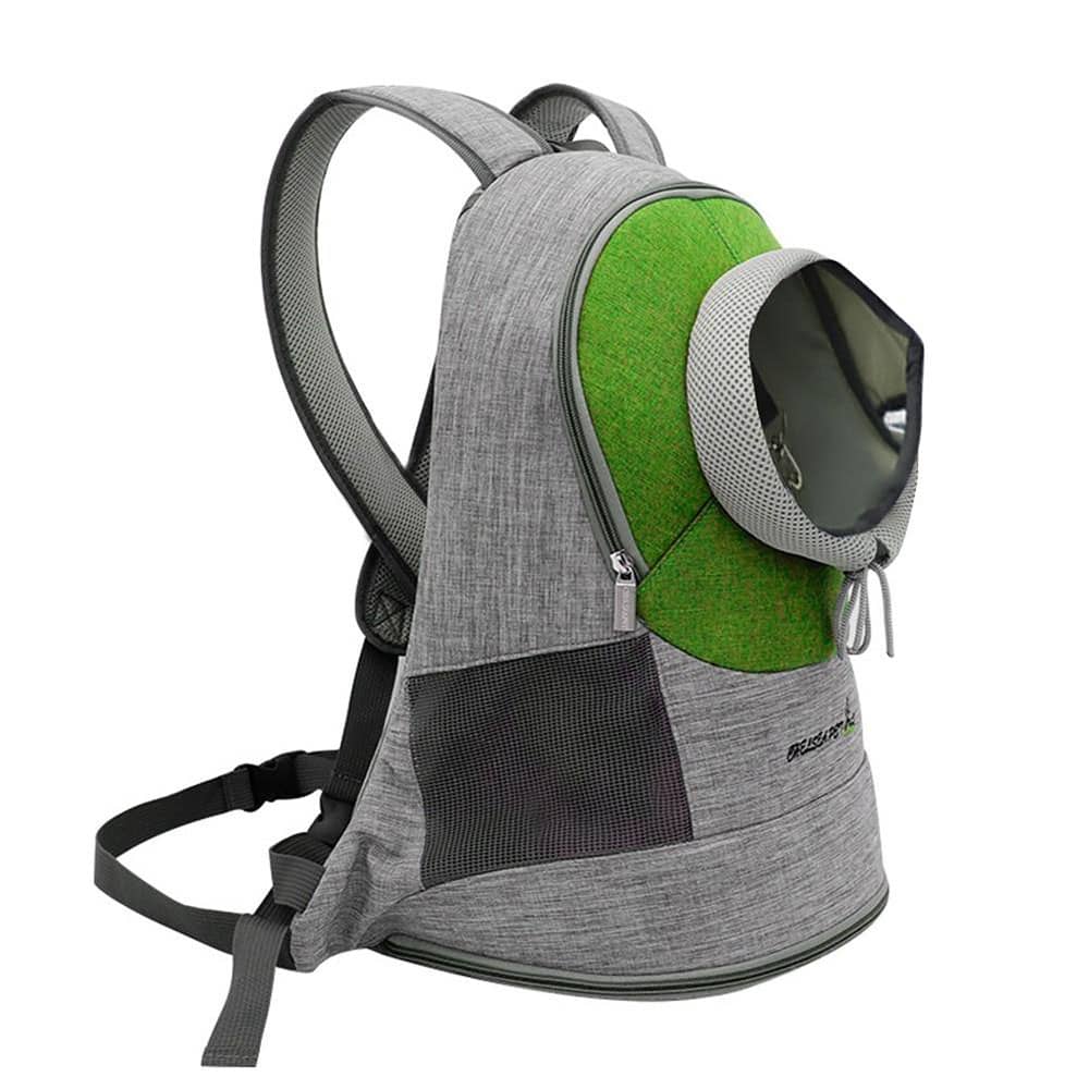 Small pet backpack with the adjustable opening, green variant on a white background