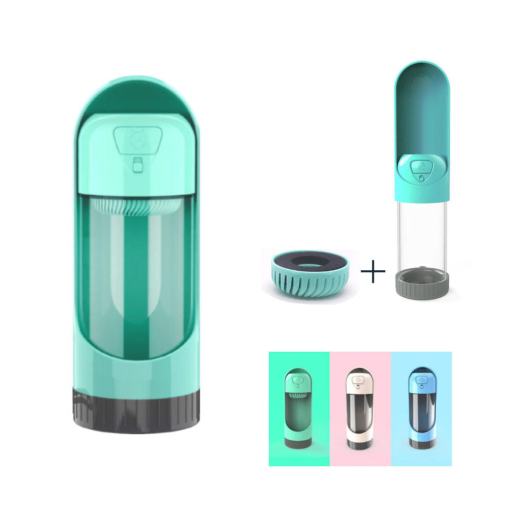 Green portable, leak-proof pet water bottle with activated carbon (charcoal) filter on white background; Green portable, leak-proof pet water bottle with activated carbon (charcoal) filter separately placed on white background; Green, pink and blue portable, leak-proof pet water bottles with activated carbon (charcoal) filter on matching backgrounds