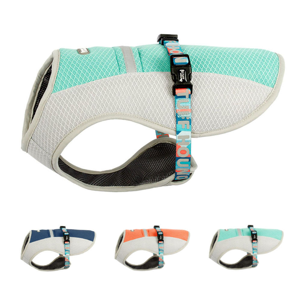 Mint green, blue and orange TuffHound™ - Dog Cooling Vest on a white background. 