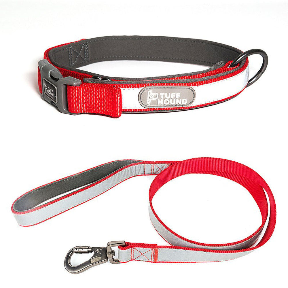 Red TuffHound Core™ - Reflective Dog Collar &amp; Leash Set on a white background. 