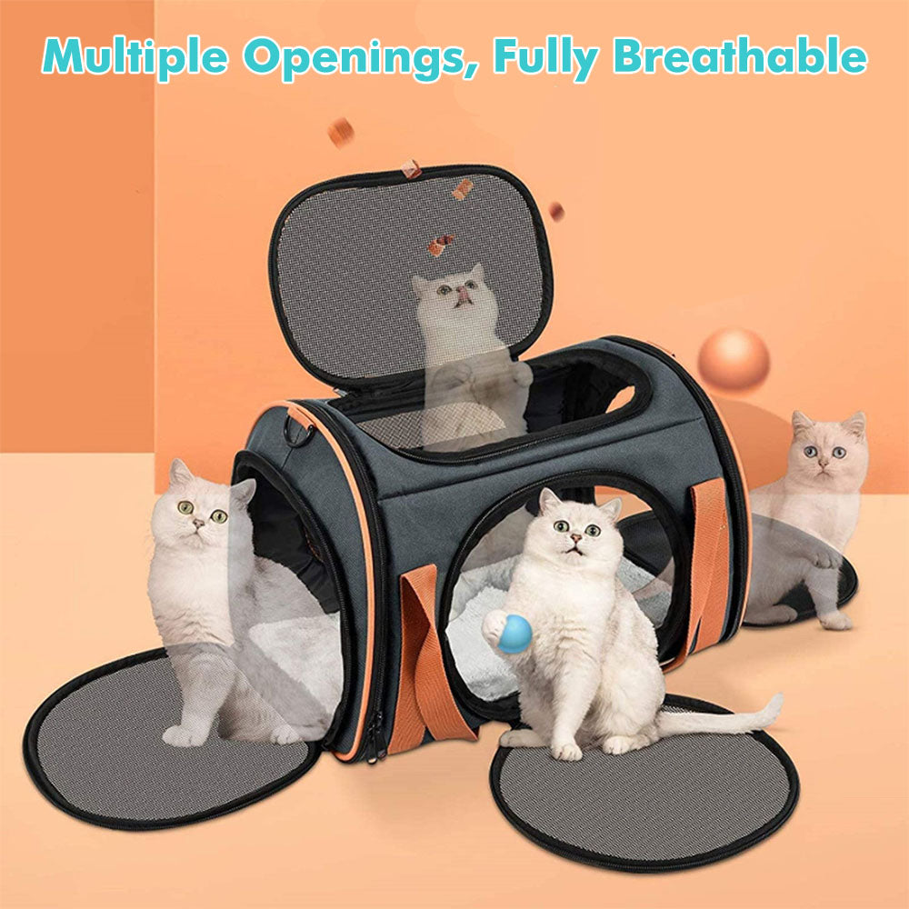 Multiple white cats showing out of the 4 fully open zip up entrances of a charter pet airline-approved soft travel carrier with 5 mesh windows, 4 zip up entrances, soft inner pad, with the front white cat holding a blue ball cat toy and another cat grabbing for cat feed in the air on an orange and soft orange background. Bold text on top writing in blue Multiple Openings, Fully Breathable.