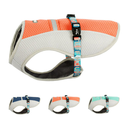 Orange, blue and mint green TuffHound™ - Dog Cooling Vest on a white background.