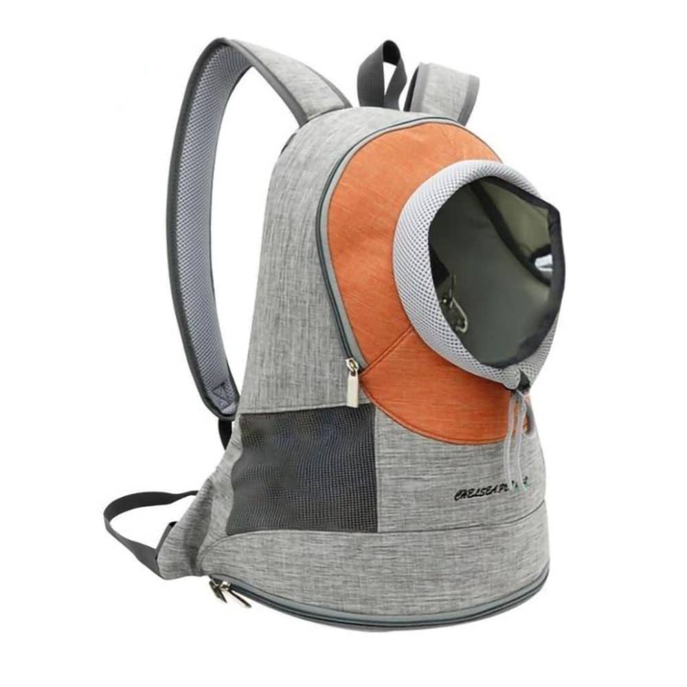 Small pet backpack with the adjustable opening, orange variant on a white background