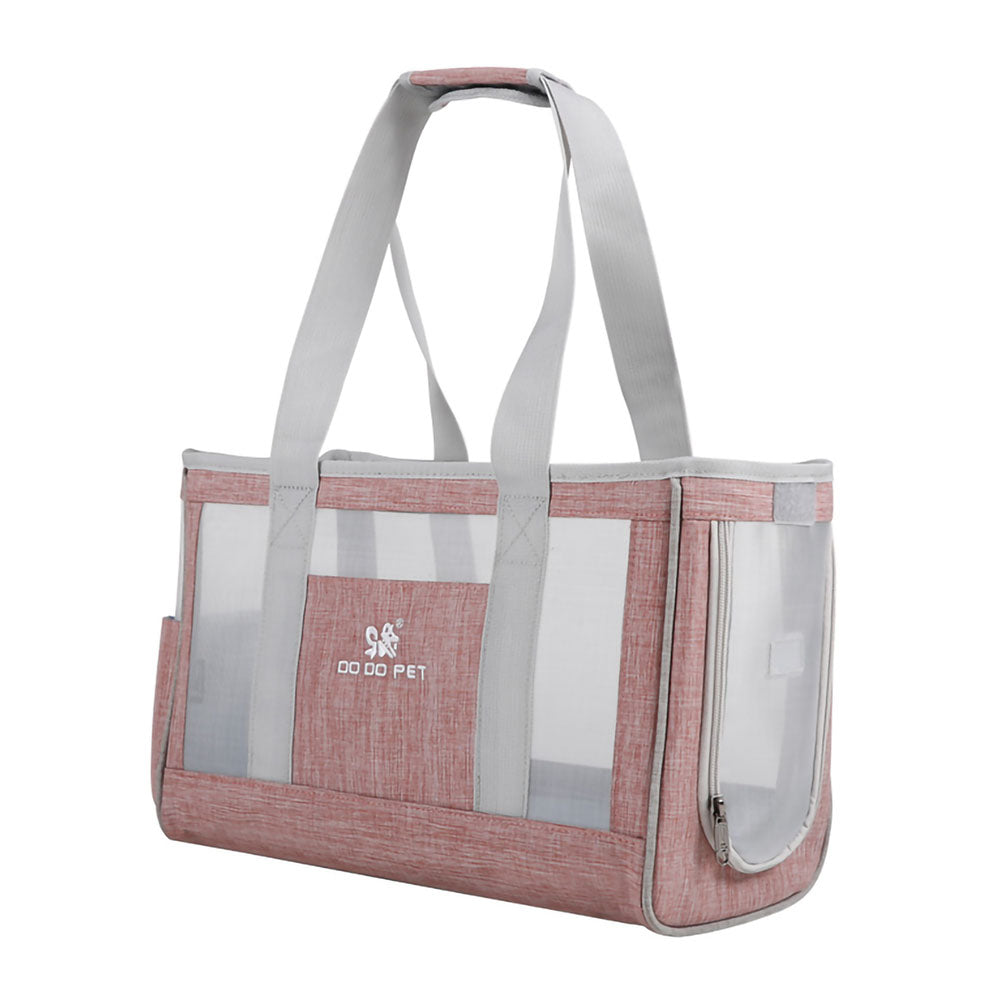 Pink Dodo Pet Tote Bag Carrier with mesh windows and zip-up opening and handle for carrying on a white background.