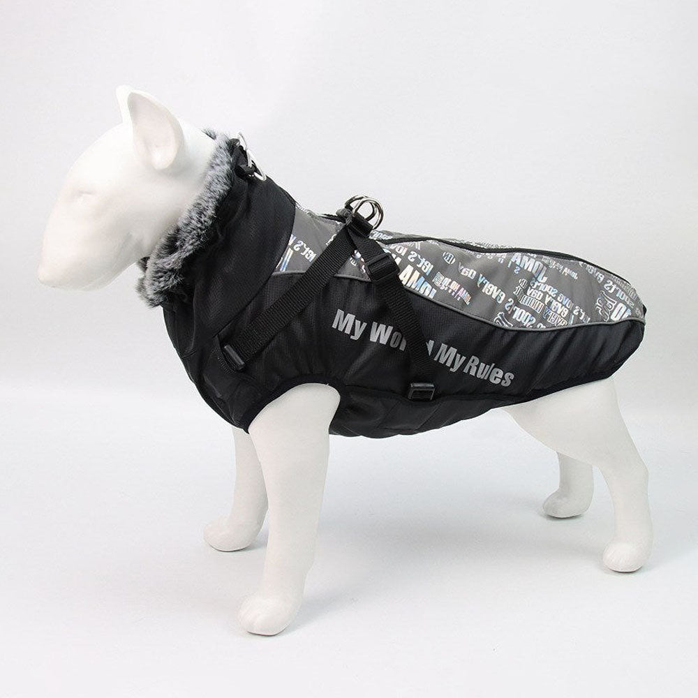 Light Gray DogSki Waterproof Jacket with Harness and fur collar in profile on a dog mannequin on white background.