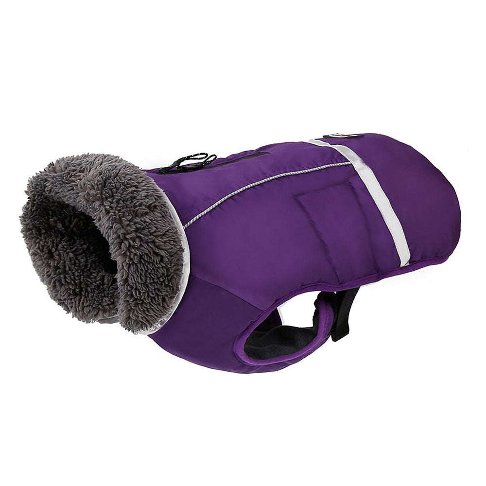 Purple DogSki Max Winter Coat with Leash/Harness Port, underneath buckles and fur collar in profile on white background.