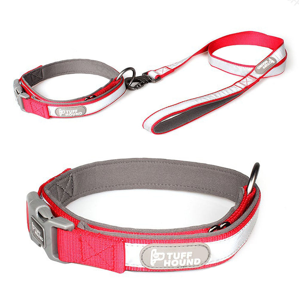 Red TuffHound Core™ - Reflective Dog Collar &amp; Leash Set on a white background. 
