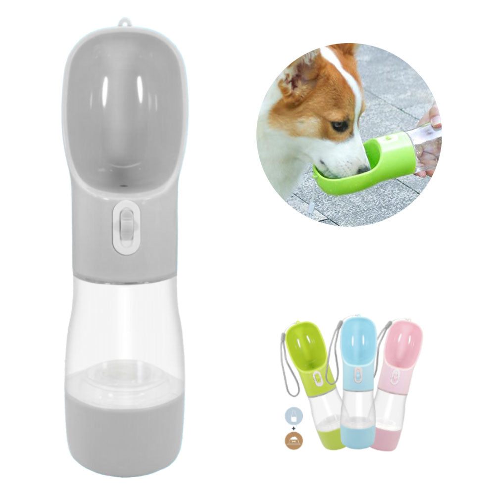 White Treats™ - Multipurpose Pet Water Bottle with a green, blue and pink Treats™ - Multipurpose Pet Water Bottle on a white background a small dog drinking water out of a green Treats™ - Multipurpose Pet Water Bottle on a vivid background.
