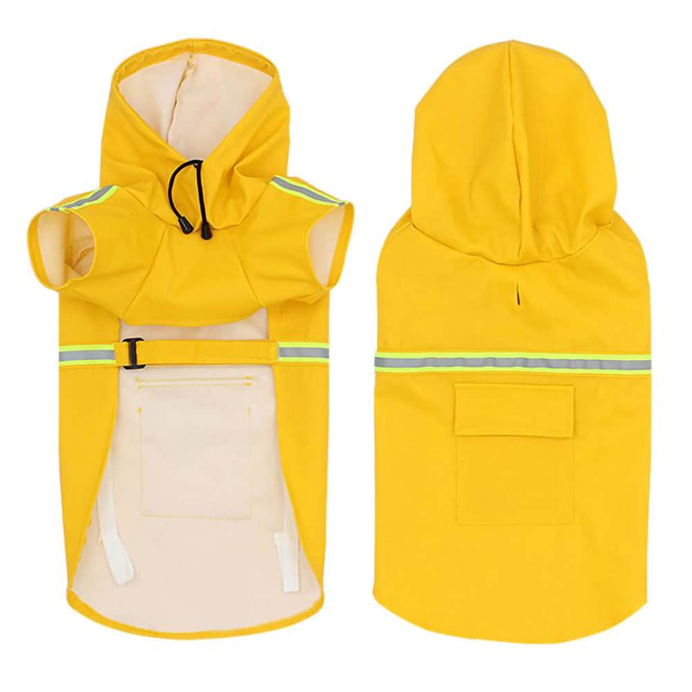 Front and back view of a yellow Dog Raincoat With Leash/Harness Port and hood on a white background. 