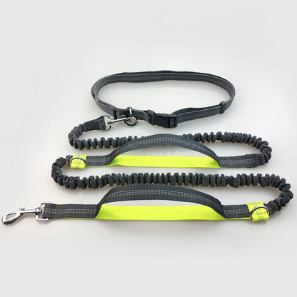 Yellow Flex™ - Hands-Free Dog Leash double stretch and collar attached on a white background. 