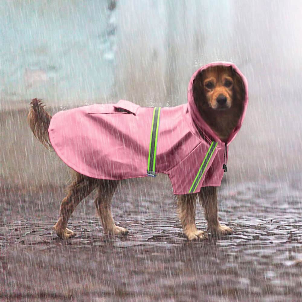 Large yellow dog in a pink Rainaway™ - Dog Raincoat With Leash/Harness Port and hood pulled up over its head on a rainy background.