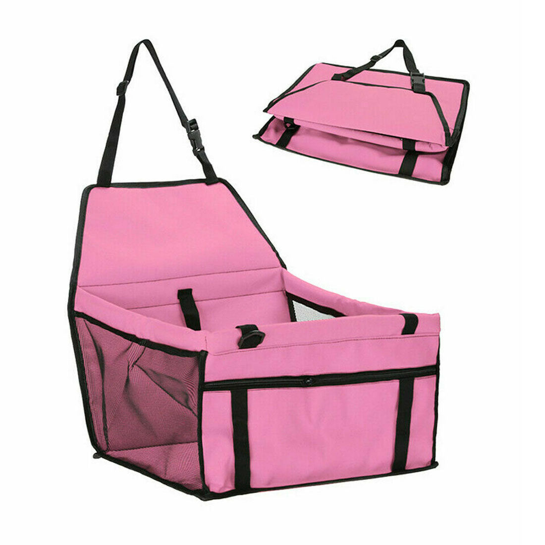 Pink PawSofa™ - Pet Car Seat unfolded and folded on a white background. 