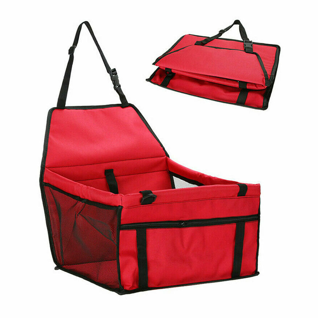 Red PawSofa™ - Pet Car Seat unfolded and folded on a white background. 
