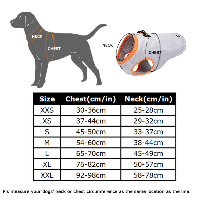 Size chart with dog and orange Truelove Frost™ - Dog Cooling Vest on a white background. 