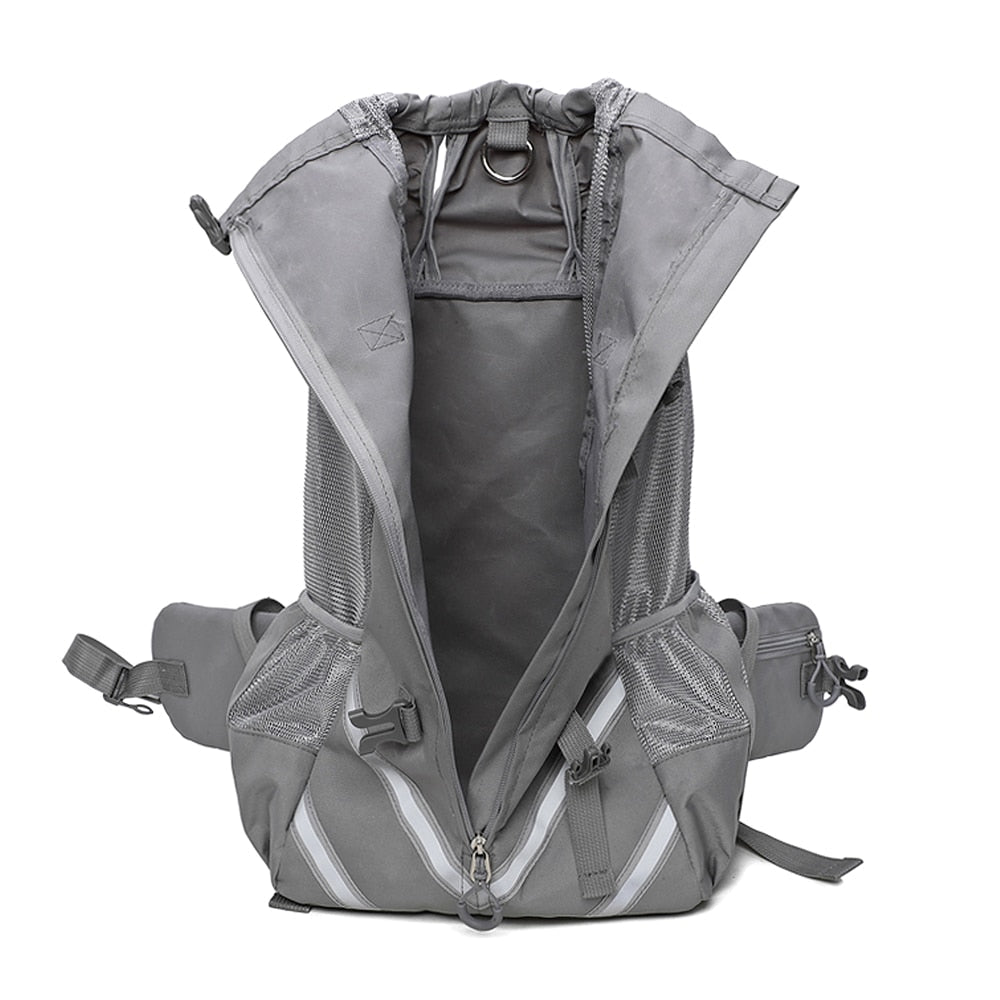Unzipped and open gray Piggyback-Pack Pro™ - Pet Backpack Carrier on a white background. 
