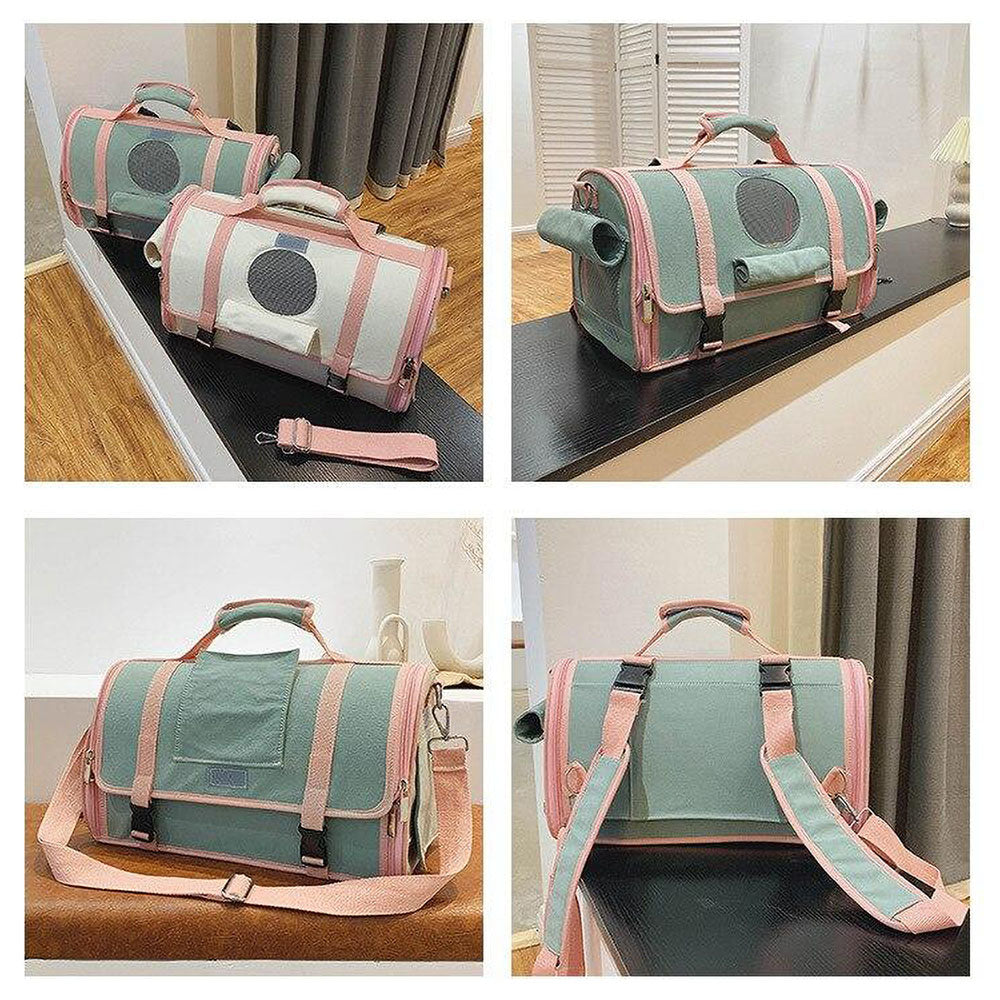 Gray and pink Paw Satchel™ - Pet Handbag Carriers on a vivid background; Gray Paw Satchel™ - Pet Handbag Carriers showing off the opening, the front view of the clasps and the back view of the backpack handles on vivid backgrounds.