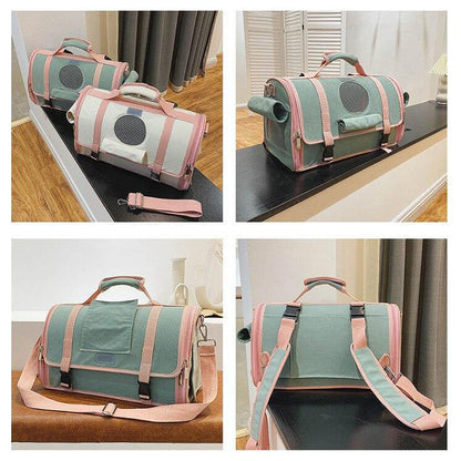 Gray and pink Paw Satchel™ - Pet Handbag Carriers on a vivid background; Gray Paw Satchel™ - Pet Handbag Carriers showing off the opening, the front view of the clasps and the back view of the backpack handles on vivid backgrounds.