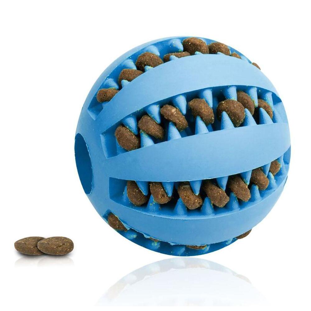 Blue Rubberino - Dog Chew Toy with food put inside it on white background. 