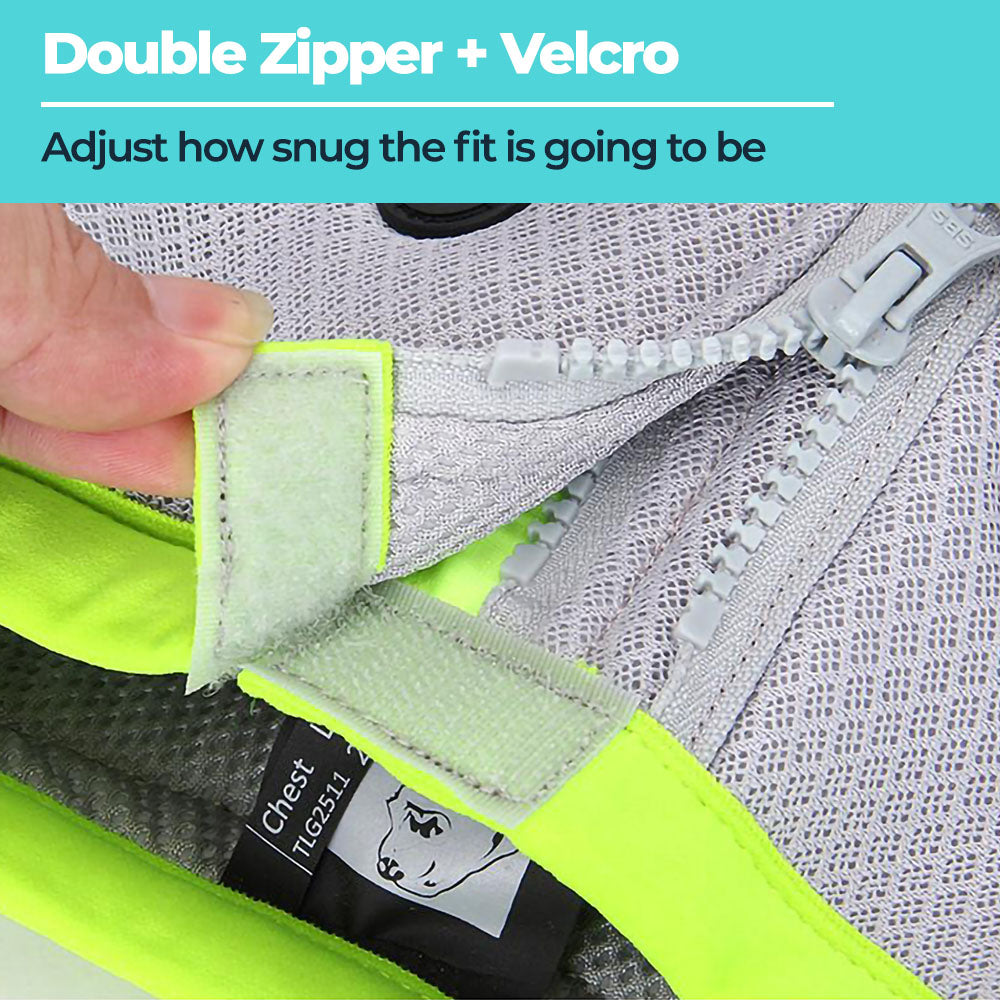 Close up of the double zipper and Velcro for the Lime Truelove Frost™ - Dog Cooling Vest.