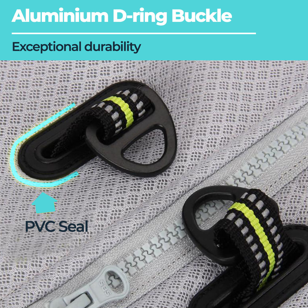 Close up of the D-ring buckle and zipper for the Lime Truelove Frost™ - Dog Cooling Vest.