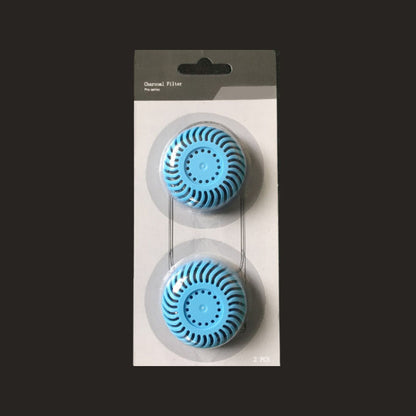 Blue activated charcoal filter in a two pcs package on black background