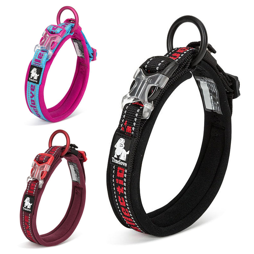 Pink/blue, burgundy and black Truelove Tread™ - Padded Dog Collars on a white background. 