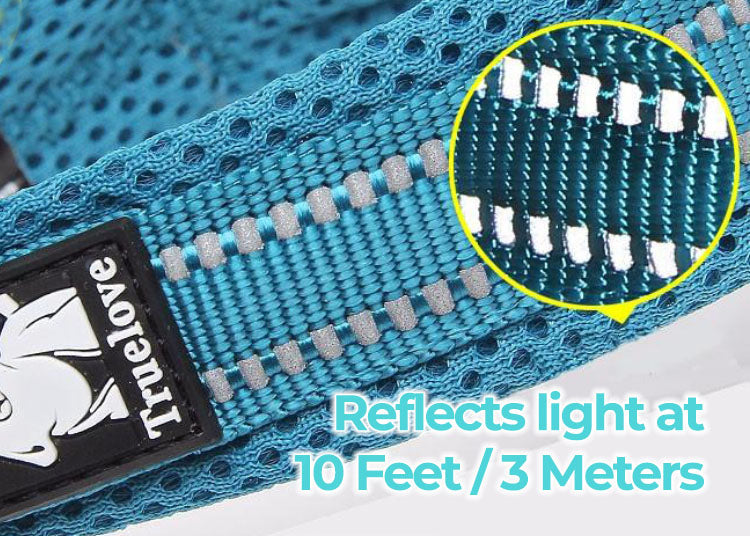 Close up of the reflective light for a blue Truelove Anti-Choke™ - Padded Dog Collar on a white background. 