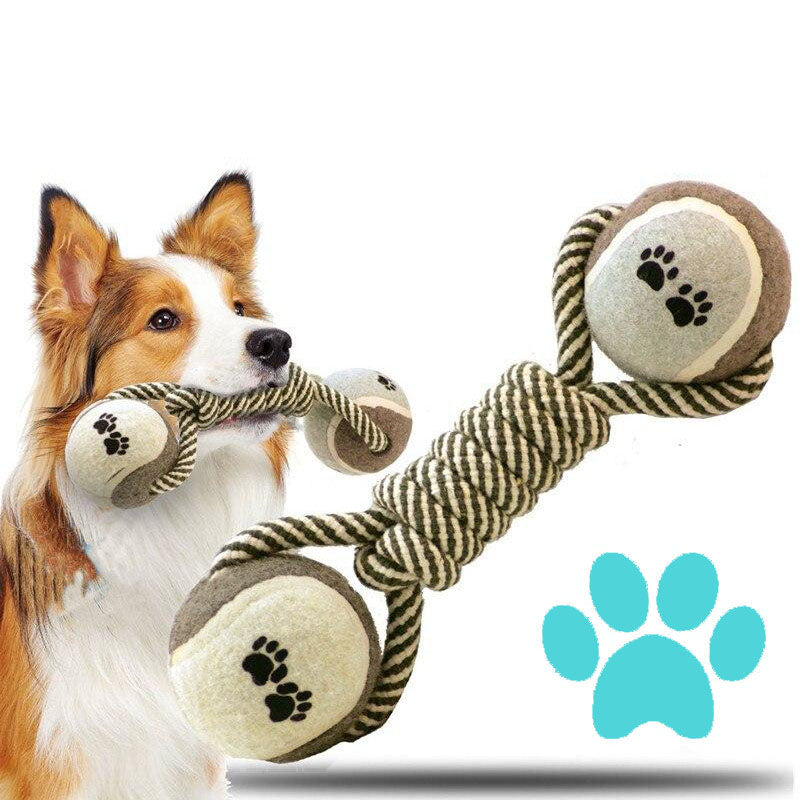 Large brown white dog chomping on a brown Tennis Chomper - Dog Chew Toy and a brown Tennis Chomper - Dog Chew Toy on a white background. 